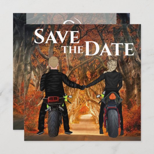 Zelfrijdende motorfietsen herfst bos bruiloft save the date (Voorkant / Achterkant)