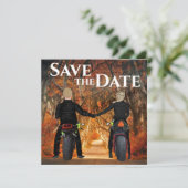Zelfrijdende motorfietsen herfst bos bruiloft save the date (Staand voorkant)