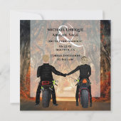 Zelfrijdende motorfietsen herfst bos bruiloft save the date (Achterkant)