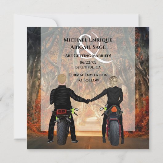 Zelfrijdende motorfietsen herfst bos bruiloft save the date (Achterkant)