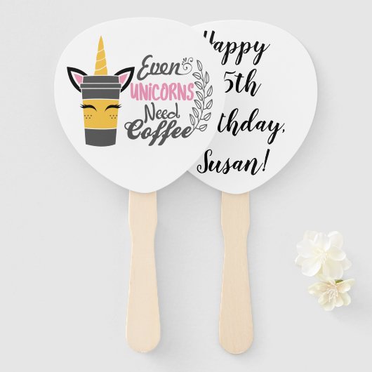 Zelfs eenhoorns hebben een koffiefeestje nodig handwaaier (Voorkant en achterkant)