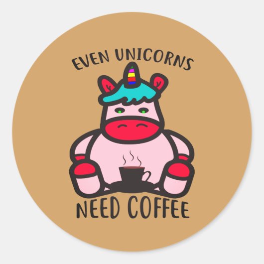 Zelfs Unicorns hebben koffie nodig Funny Pink Unic Ronde Sticker (Voorkant)