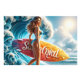 Zelfverzekerd Surfmeisje Lopend op Strandgolven Ku Foto Afdruk