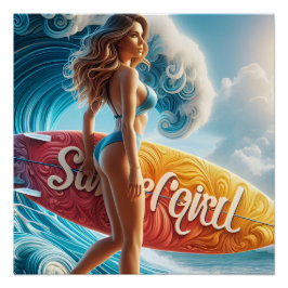 Zelfverzekerd Surfmeisje Wandelt Strandgolven Kuns Perfect Poster