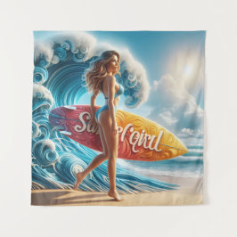 Zelfverzekerd Surfmeisje Wandelt Strandgolven Kuns Wandkleed