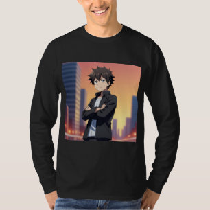 Zelfverzekerde Anime Jongen in Stad bij Zonsonderg T-shirt