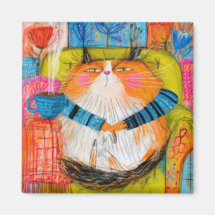 Zelfvoldane oranje tabby kat drinkt koffie magneet