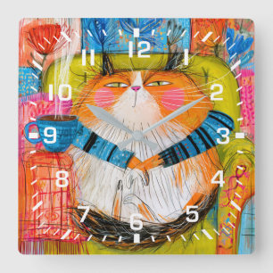 Zelfvoldane oranje tabby kat drinkt koffie vierkante klok
