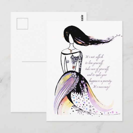 Zelfzorg inspirerend geïllustreerde dame citaat briefkaart (Voorkant / Achterkant)
