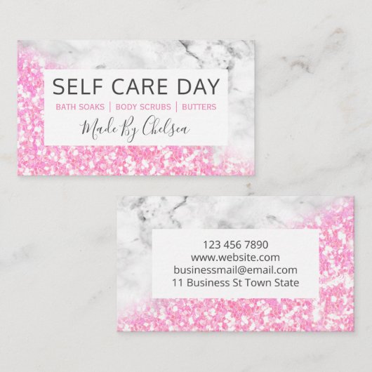 Zelfzorgdag roze marmer handgemaakte paardebath Be Visitekaartje (Voorkant / Achterkant)