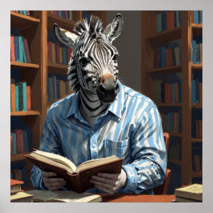 Zelibrary Grappige Zebra in Library Painting Poster