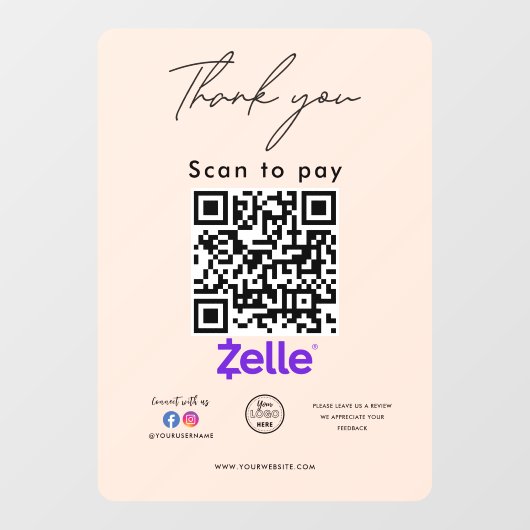 Zelle QR Code Logo Bedankt Scan to Pay Raamsticker (Vel)