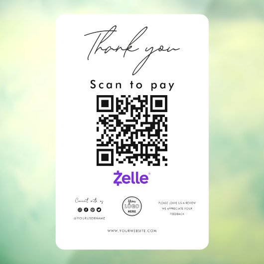 Zelle QR Code Logo Scan to Pay Hartelijk dank Raamsticker (Vel 3)