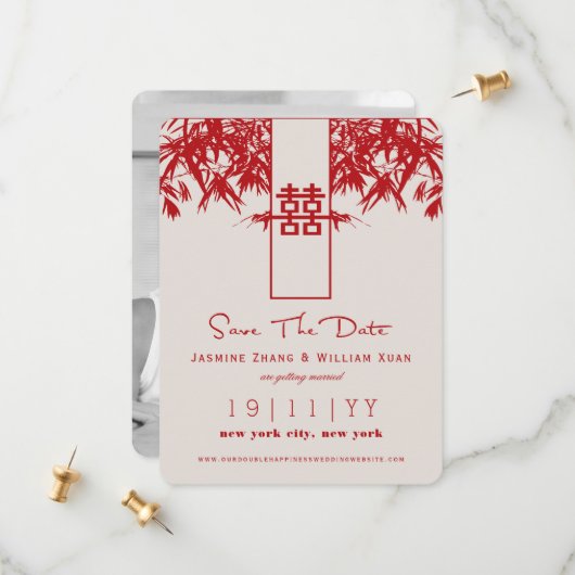 Zen Bamboo Double Happiness Chinese Save the Date (Voorkant / Achterkant in situ)