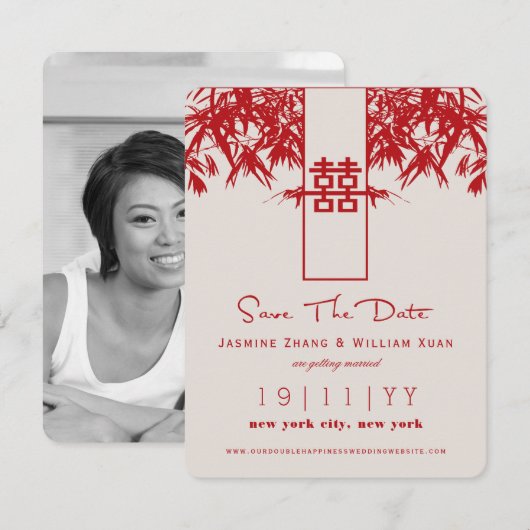Zen Bamboo Double Happiness Chinese Save the Date (Voorkant / Achterkant)