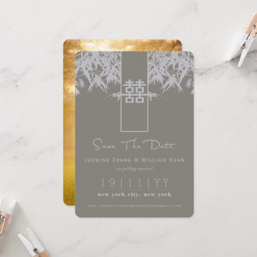 Zen Bamboo Double Happiness Chinese Save the Date Kaart (Voorkant / Achterkant in situ)