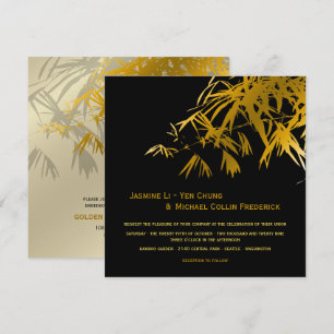 Zen Bamboo Leaves Gold Black Modern Asian Wedding Kaart