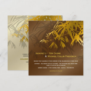Zen Bamboo Leaves Gold & Brown Chic Asian Wedding Kaart
