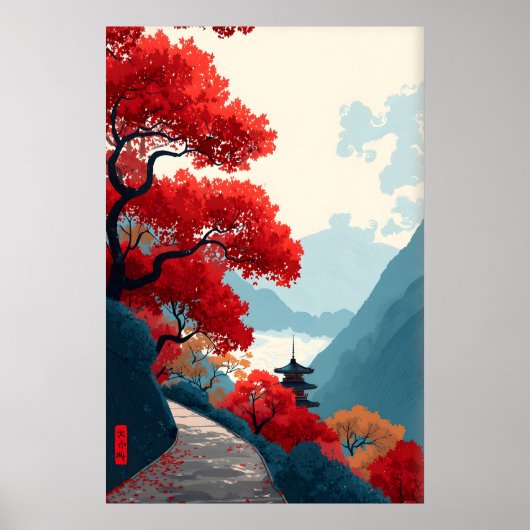 Zen Bergposter Rode Blad Bomen, Minimalistisch Poster (Voorkant)