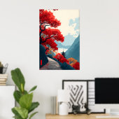 Zen Bergposter Rode Blad Bomen, Minimalistisch Poster (Thuiskantoor)