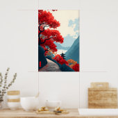 Zen Bergposter Rode Blad Bomen, Minimalistisch Poster (Keuken)