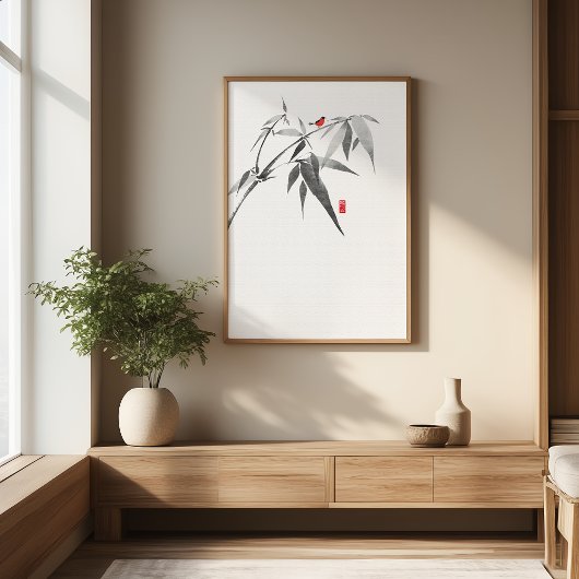 Zen Bird op Bamboo - Minimalistische Ink Wall Art Foto Afdruk