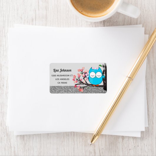 Zen Blue Owl Spring Blloom Grey Glitter Mailing Etiket (Insitu)