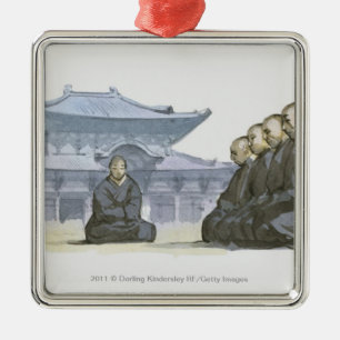 Zen Boeddhistische monniken knielen buiten tempel Metalen Ornament