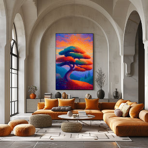 Zen Bonsai Boom Pointillisme Landschapskunst Poster