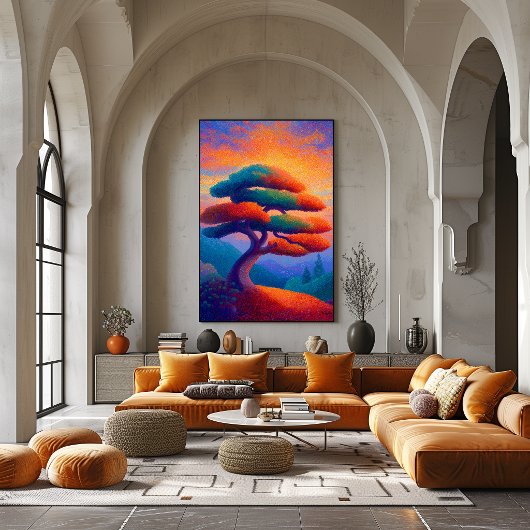 Zen Bonsai Boom Pointillisme Landschapskunst Poster