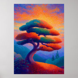 Zen Bonsai Boom Pointillisme Landschapskunst Poster