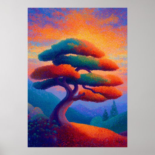 Zen Bonsai Boom Pointillisme Landschapskunst Poster (Voorkant)