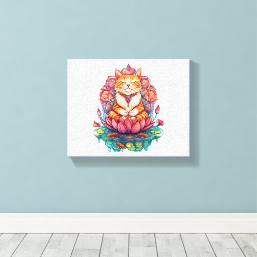 Zen Cat Vibes - Mediterende Kat Psychedelic Canvas Afdruk (Insitu (Houten vloer))