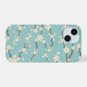 Zen Cream Sakura Kersenbloesem Bloemen op blauw iPhone 15 Case (Achterkant horizontaal)