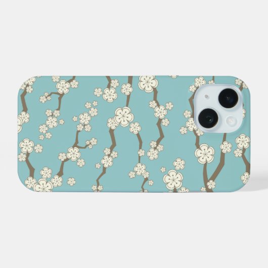 Zen Cream Sakura Kersenbloesem Bloemen op blauw iPhone 15 Case (Achterkant horizontaal)