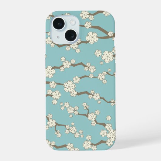 Zen Cream Sakura Kersenbloesem Bloemen op blauw iPhone 15 Case (Achterkant)