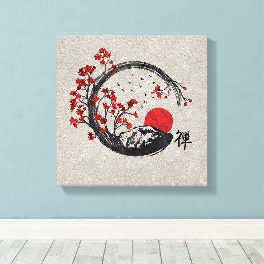 Zen Enso Circle en Sakura Branches Canvas Afdruk (Insitu (Houten vloer))