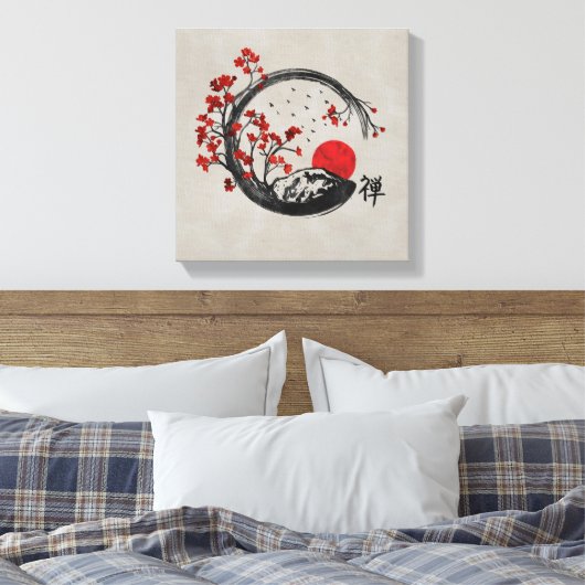 Zen Enso Circle en Sakura Branches Canvas Afdruk (Insitu (Slaapkamer))