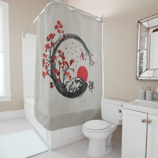 Zen Enso Circle en Sakura Branches Douchegordijn (In situ)