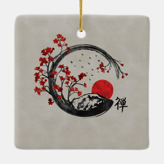 Zen Enso Circle en Sakura Branches Keramisch Ornament (Achterkant)