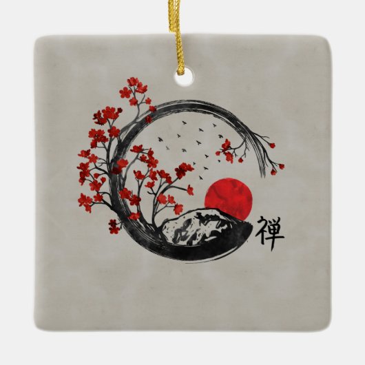 Zen Enso Circle en Sakura Branches Keramisch Ornament (Voorkant)