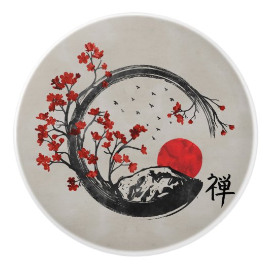 Zen Enso Circle en Sakura Branches Keramische Knop (Voorkant)