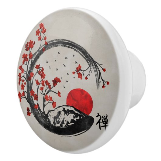 Zen Enso Circle en Sakura Branches Keramische Knop (Rechts)