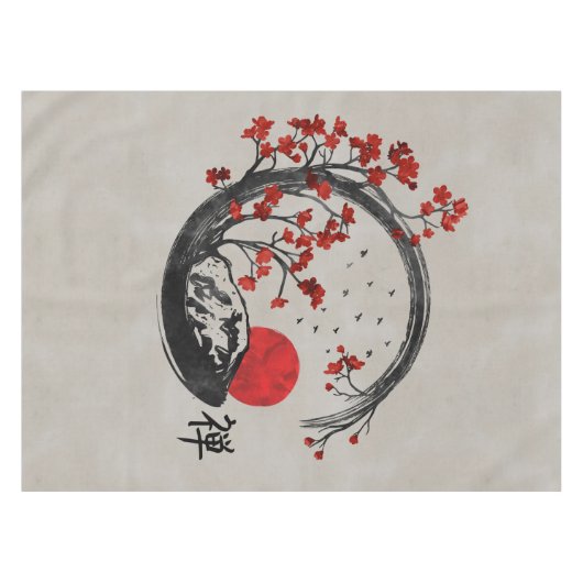 Zen Enso Circle en Sakura Branches Tafelkleed (Voorkant (Horizontaal))