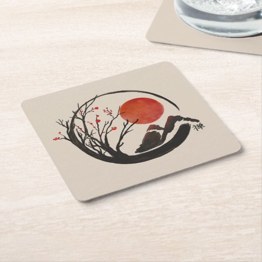 Zen Enso Circle en Sakura Tree Kartonnen Onderzetters (Schuin)