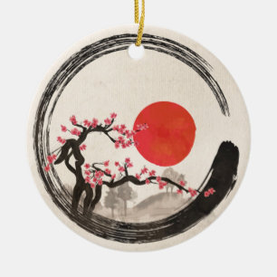 Zen Enso Circle en Sakura Tree Keramisch Ornament