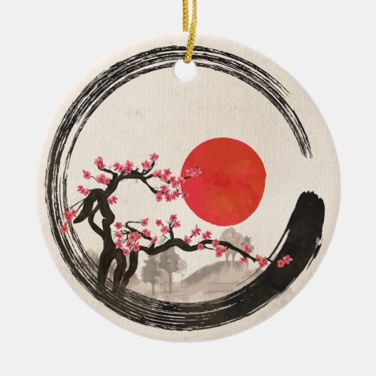 Zen Enso Circle en Sakura Tree Keramisch Ornament (Voorkant)