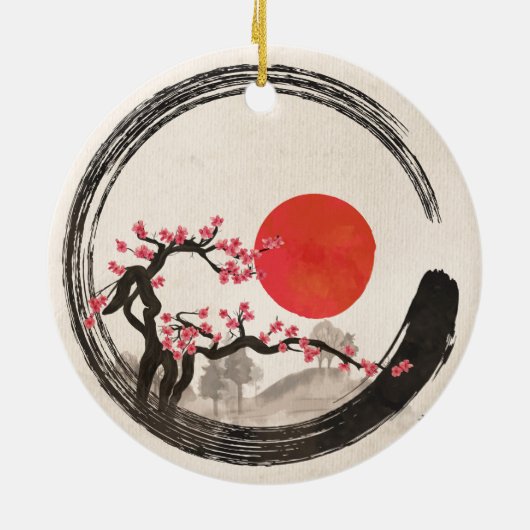 Zen Enso Circle en Sakura Tree Keramisch Ornament (Achterkant)