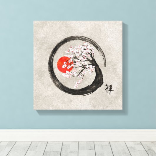 Zen Enso Circle en Sakura Tree op Canvas (Insitu (Houten vloer))