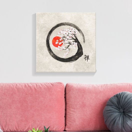 Zen Enso Circle en Sakura Tree op Canvas (Insitu (Woonkamer))